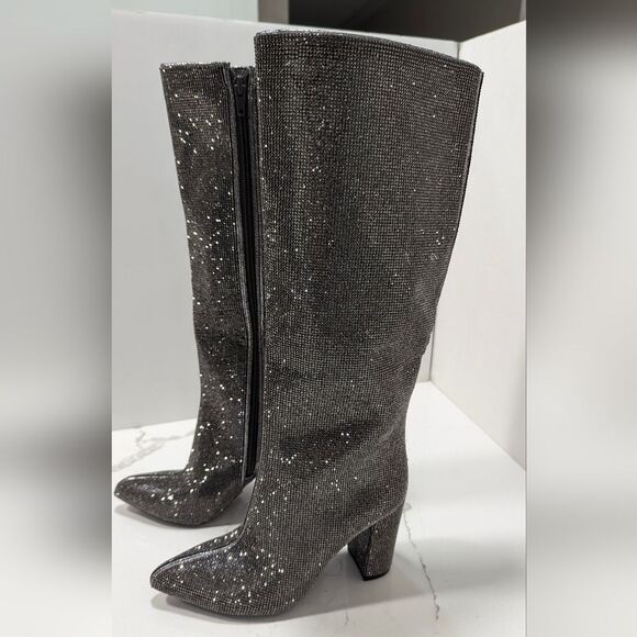 New INC Tall Sparke Knee High Boots Block Heel Pewter Crystal Sz 5 Taylor Swift - Picture 15 of 16